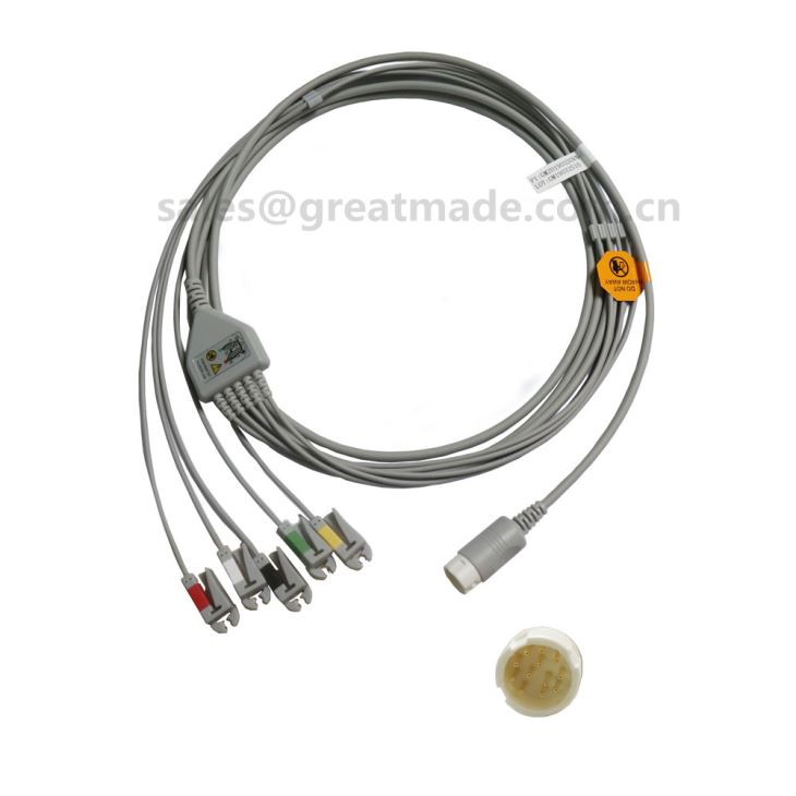 Compatible con la máquina de ECG PHILIPS (HP), cable de ECG de una pieza y cables conductores, 5 conductores, Snap, AHA o IEC.HP 12pin, conector recto